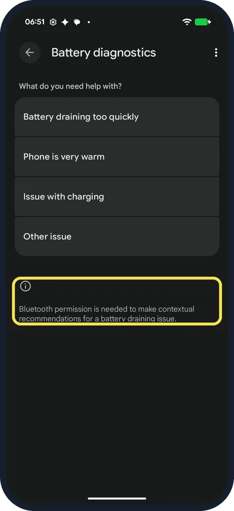 Android screenshot: Bluetooth permission note in Battery diagnostics