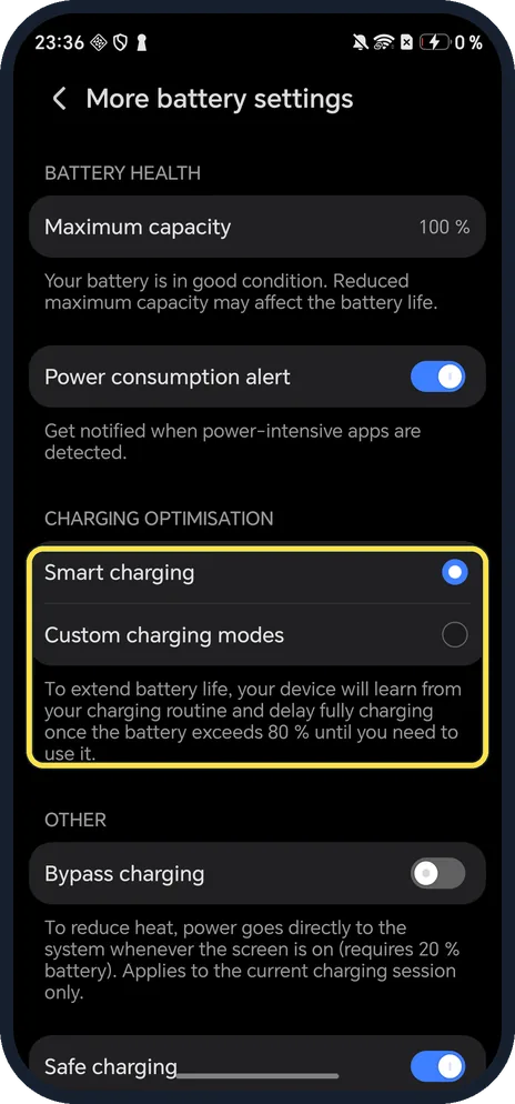 Android screenshot: Smart charging and Custom charging modes