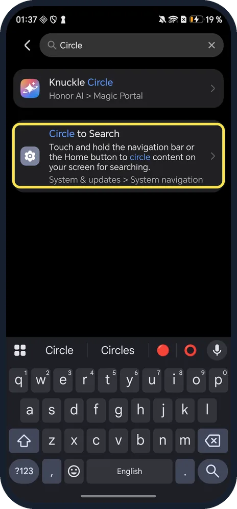 Android screenshot: Circle to Search
