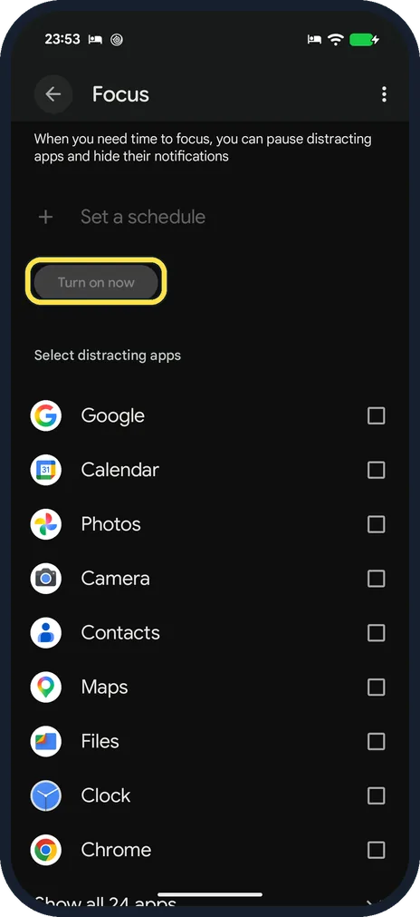 Android screenshot: Focus with no app ticked on a Pixel 10a