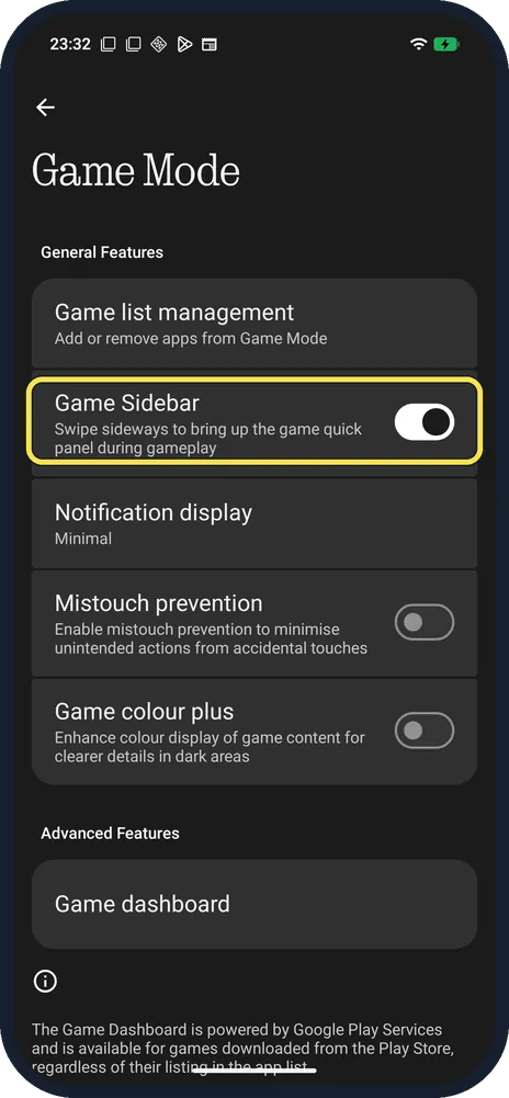 Android screenshot: Game Sidebar