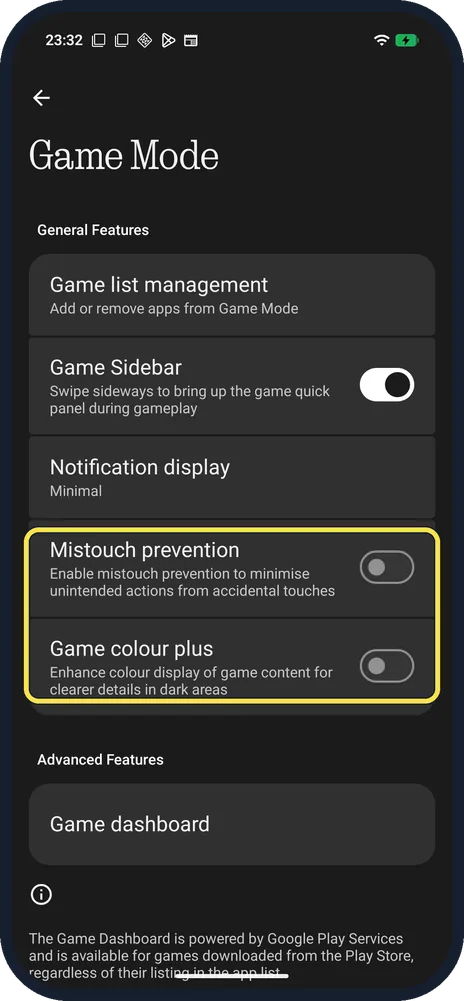 Android screenshot: Mistouch prevention and Game colour plus