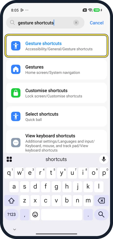Android screenshot: Search result: Accessibility/General/Gesture shortcuts