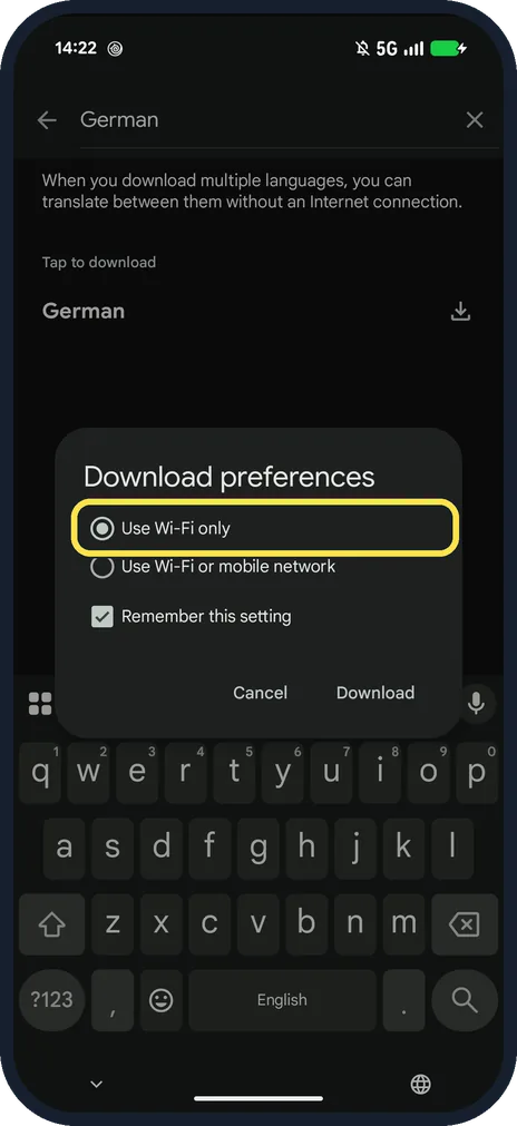 Android screenshot: Use Wi-Fi only
