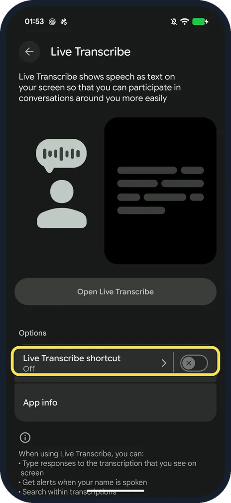 Android screenshot: Live Transcribe shortcut on our Pixel 10a