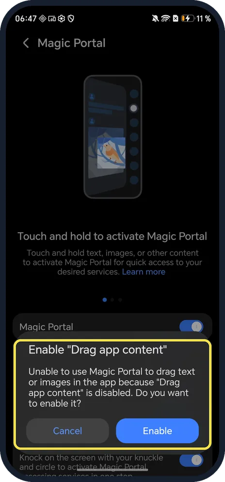 Android screenshot: Enable "Drag app content"