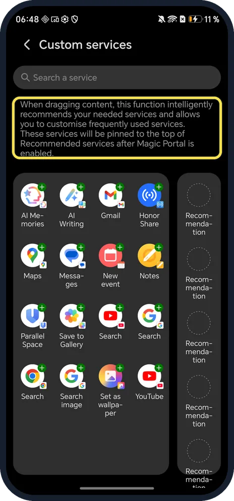 Android screenshot: Custom services