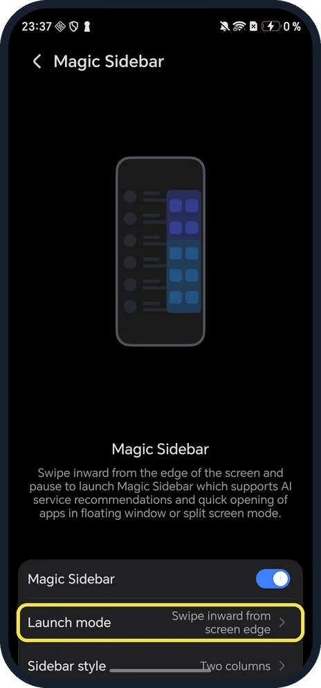Android screenshot: Launch mode