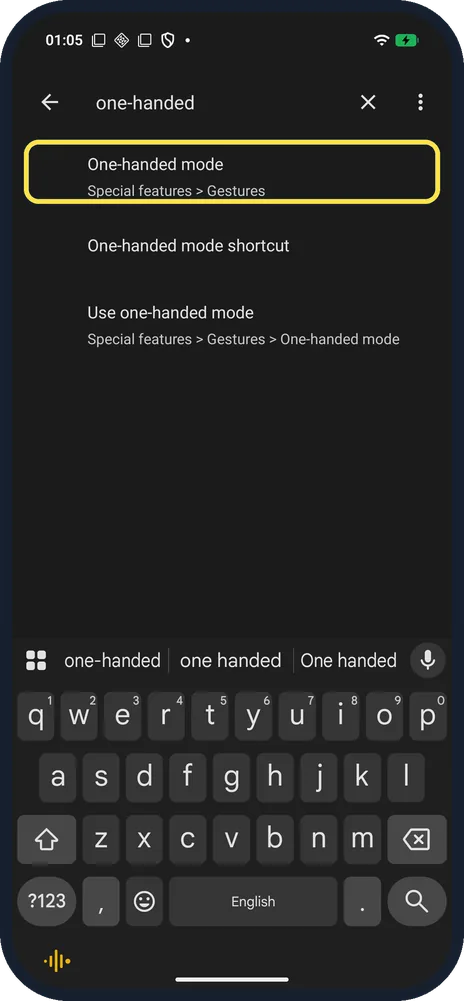 Android screenshot: One-handed mode, Special features > Gestures