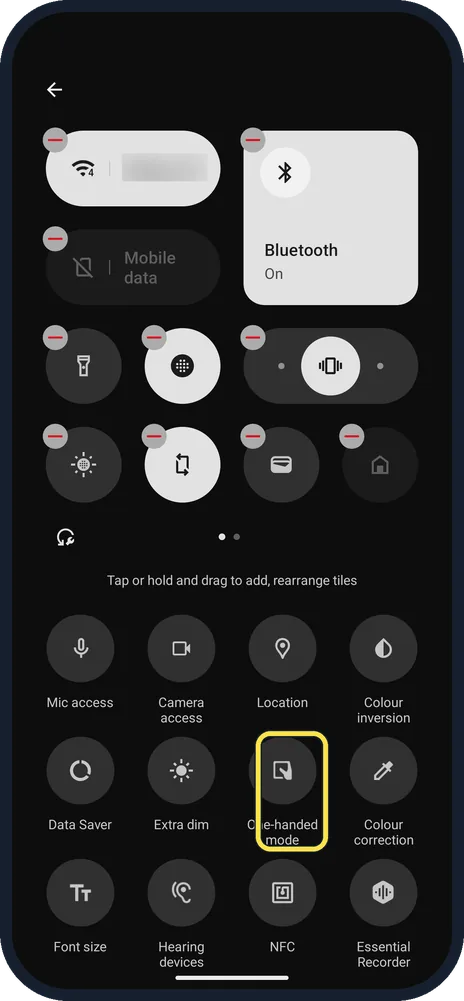 Android screenshot: One-handed mode tile