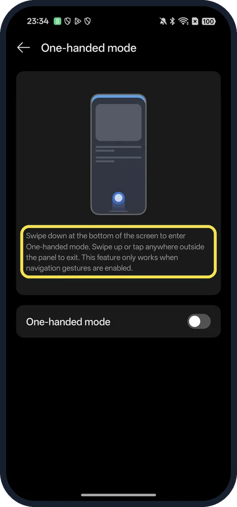 Android screenshot: One-handed mode description