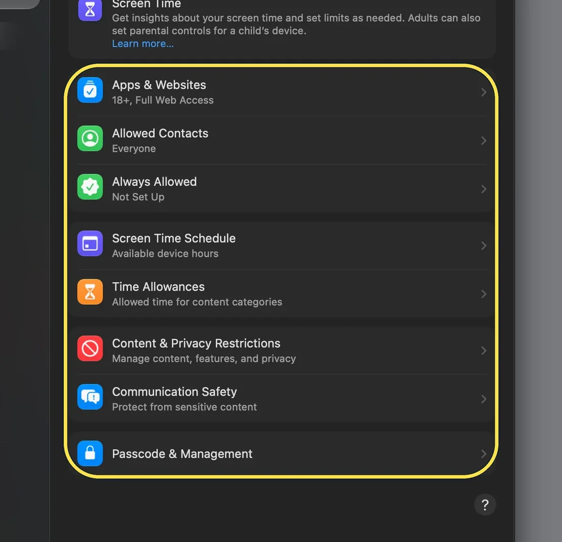 Mac screenshot: Screen Time settings on macOS 27.2