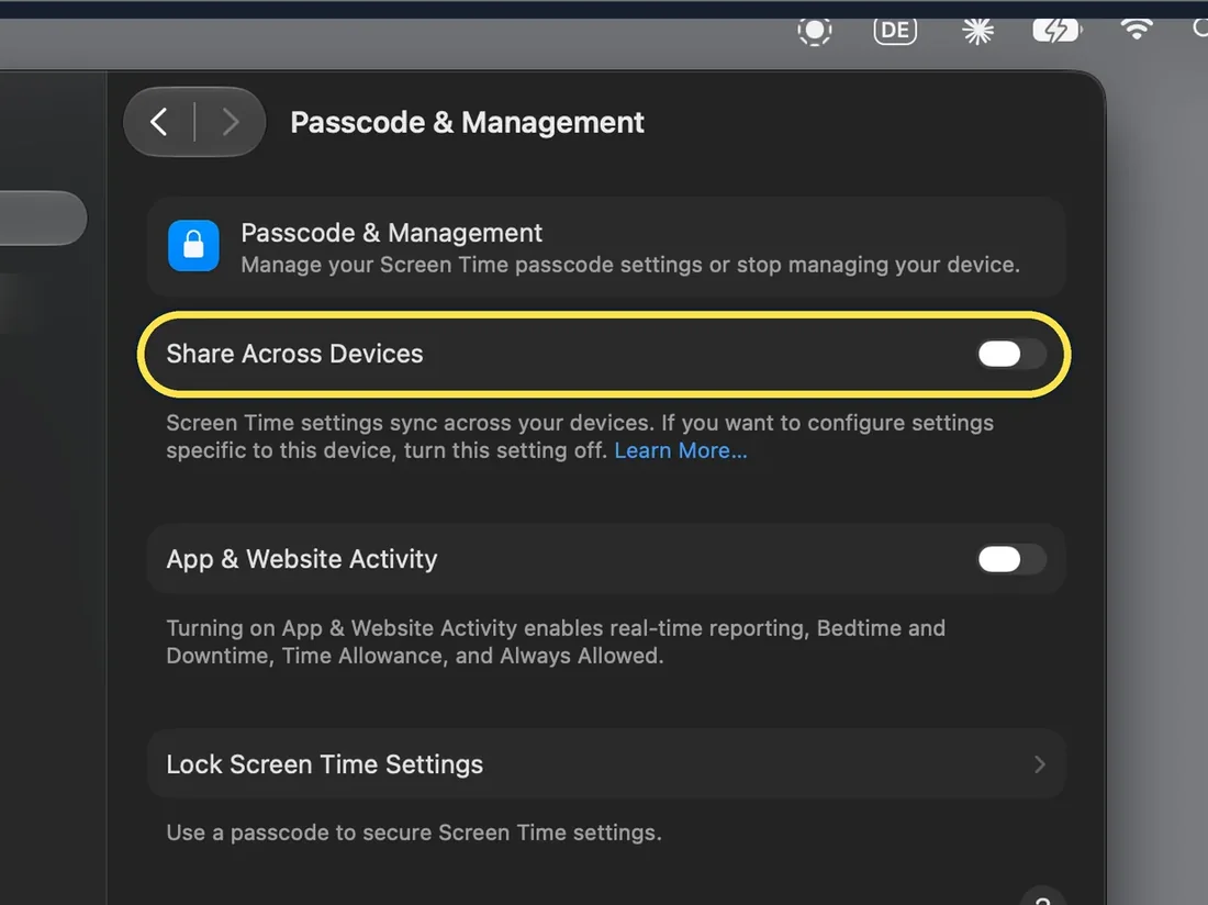 Mac screenshot: Share Across Devices