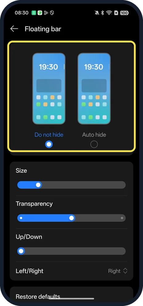 Android screenshot: Do not hide, Auto hide