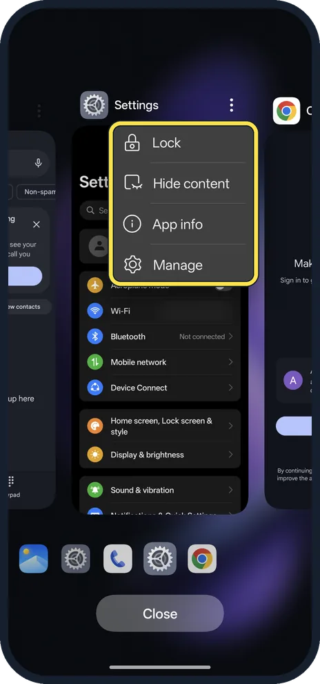 Android screenshot: App card menu in recent apps