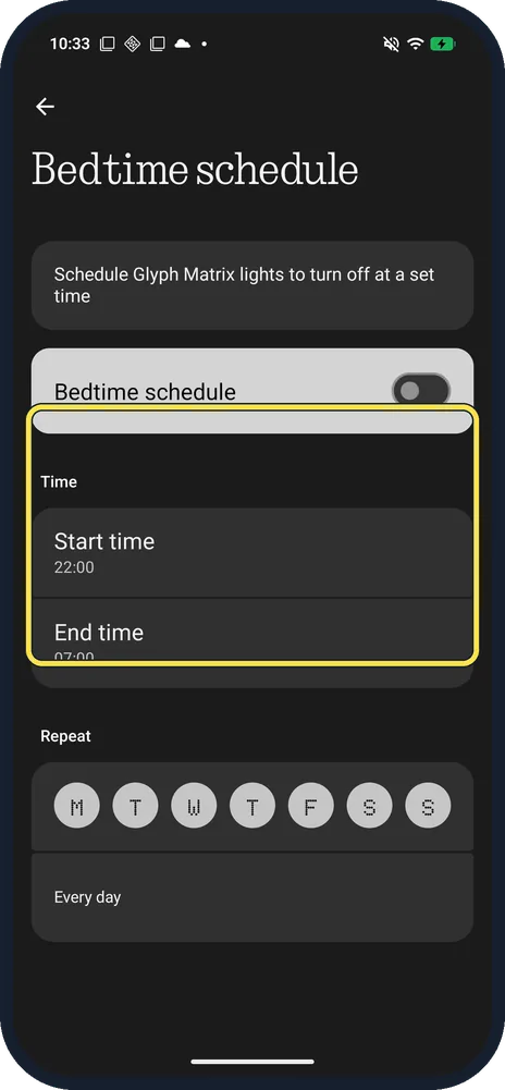 Android screenshot: Bedtime schedule