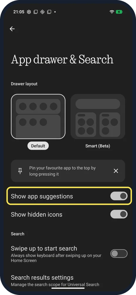 Android screenshot: Show app suggestions