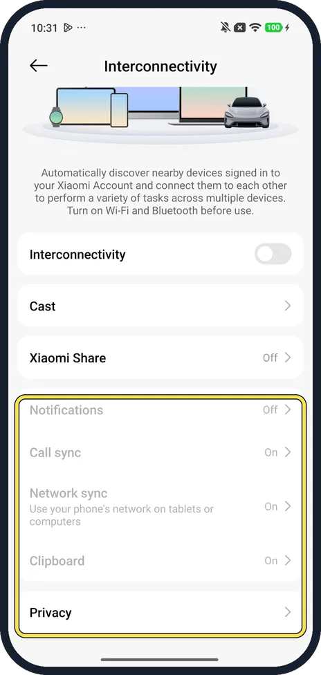 Android screenshot: Sync options and Privacy on our Redmi