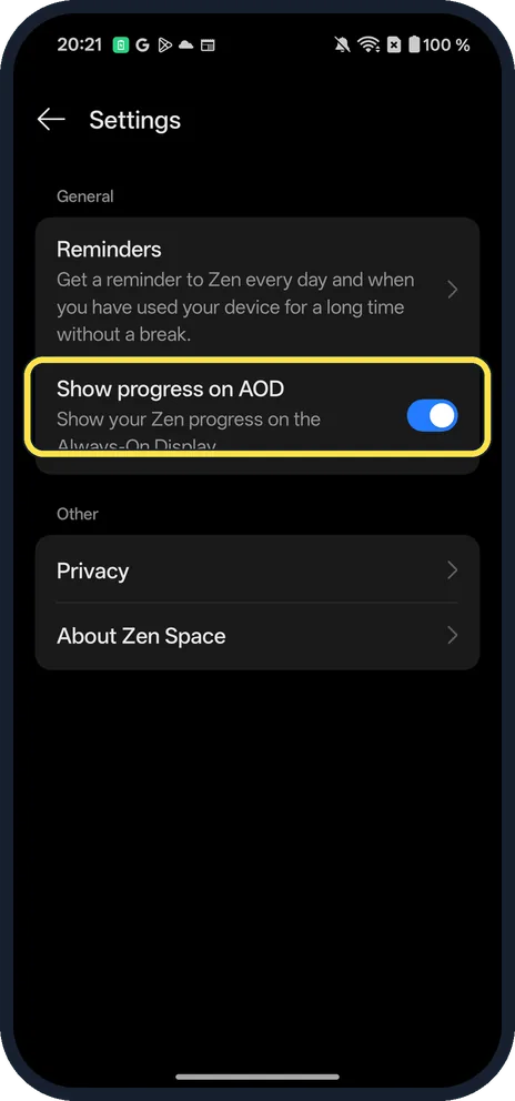 Android screenshot: Zen Space settings on our OnePlus