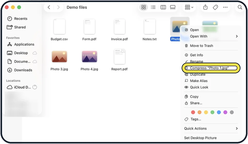 Mac screenshot: Right-click and choose Compress