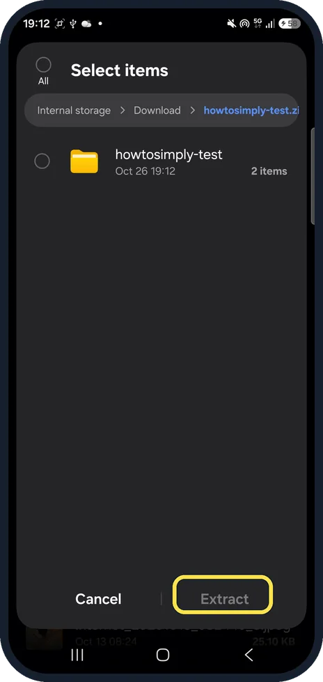 Android screenshot: Extract greyed out with nothing ticked
