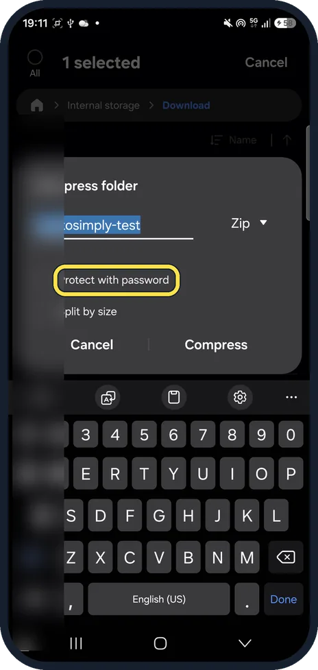 Android screenshot: Protect with password in the Compress box