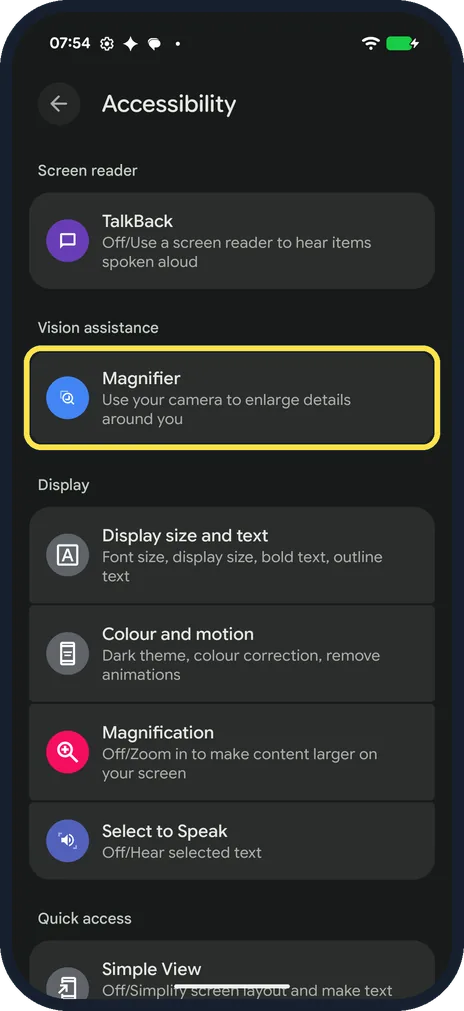 Android screenshot: Magnifier, the camera tool, under Vision assistance