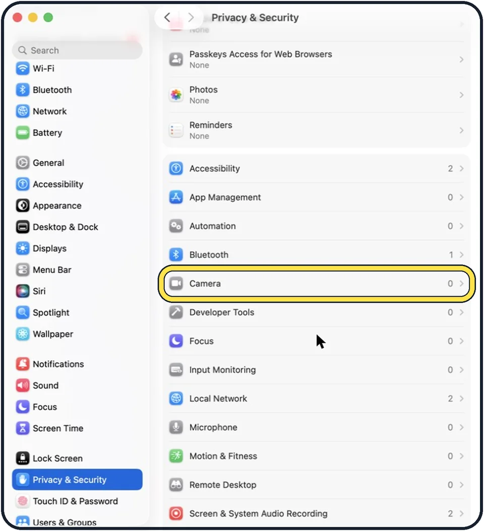 Mac screenshot: Allow the app to use the camera