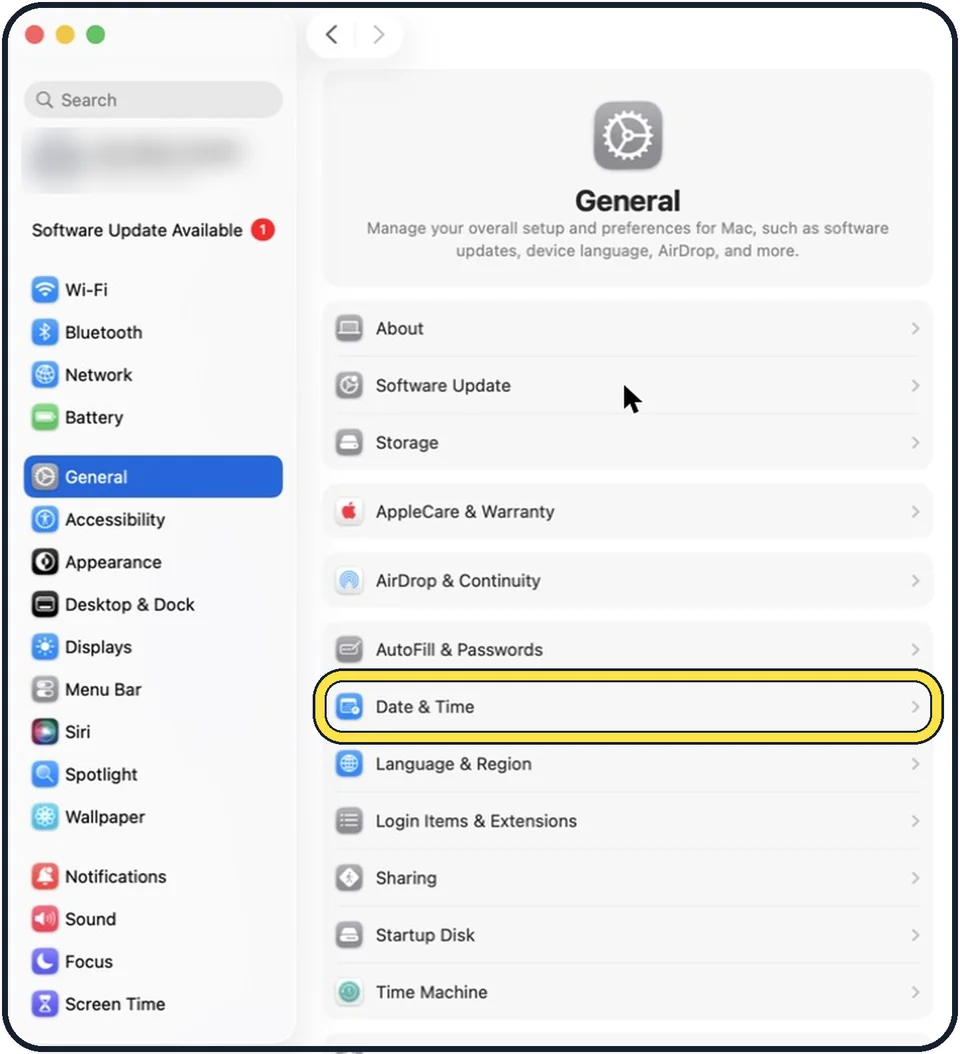 Screenshot from the guide: Mac showing the wrong time or date? How to fix it