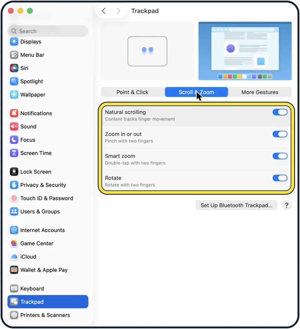 Mac screenshot: Two fingers: click, scroll and zoom