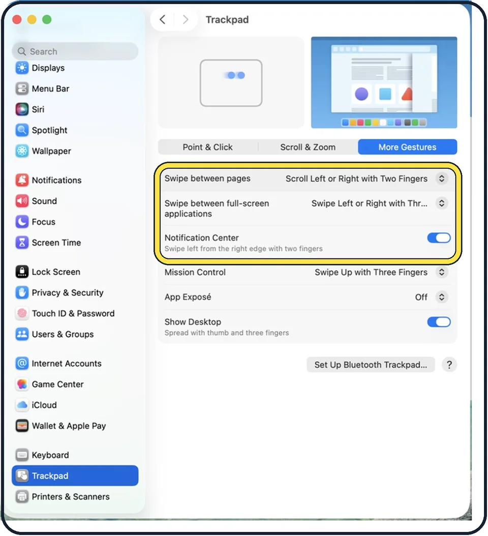 Mac screenshot: Two fingers: pages and notifications