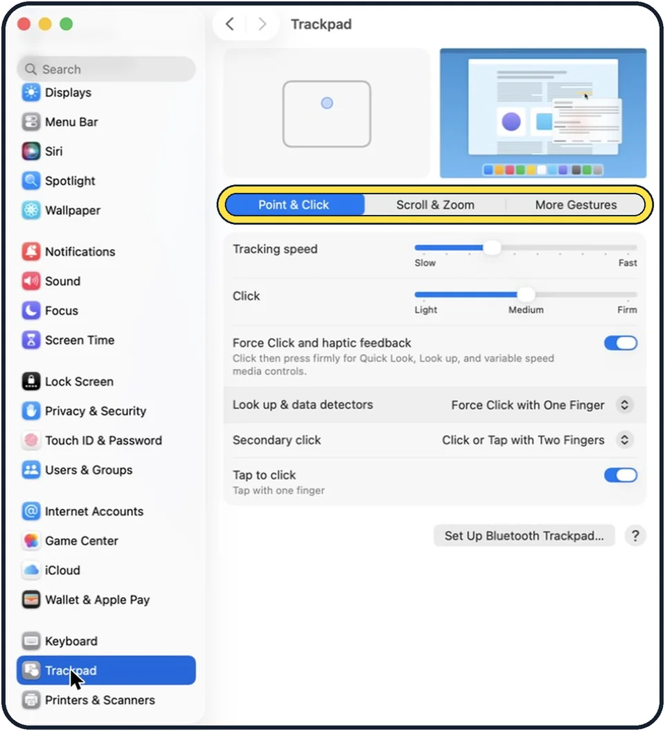 Mac screenshot: Change or switch off a gesture