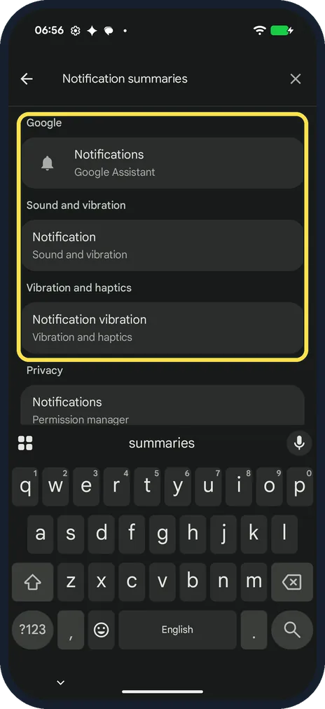 Android screenshot: Settings search for Notification summaries