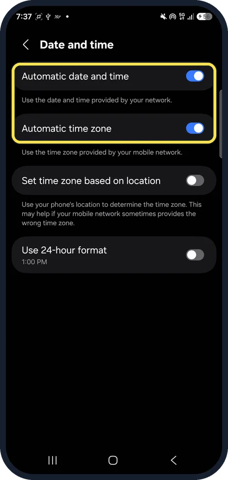 Android screenshot: Automatic date and time and Automatic time zone switches