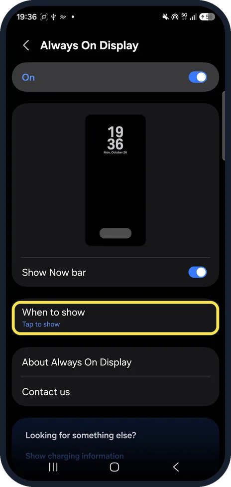 Android screenshot: When to show: Tap to show