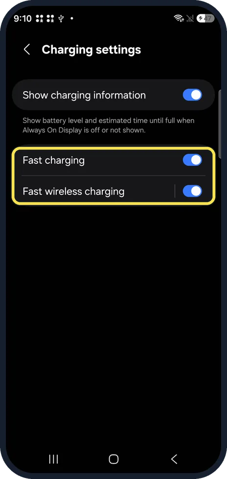 Android screenshot: Charging settings on our Galaxy S26