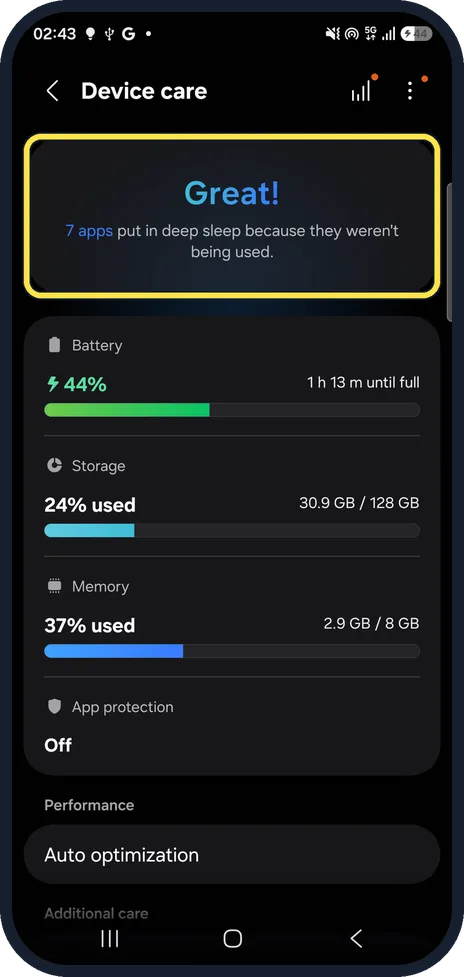 Android screenshot: Device care on One UI 9