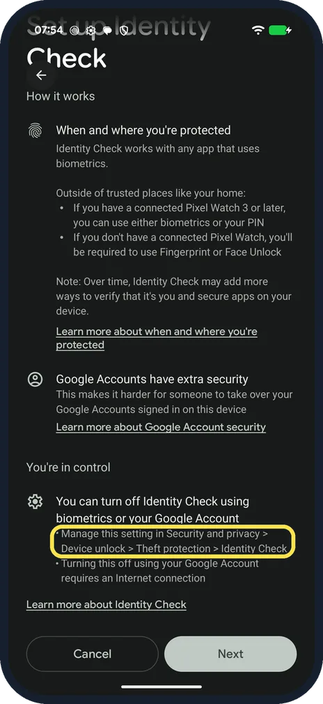 Android screenshot: Identity Check screen naming the Device unlock path