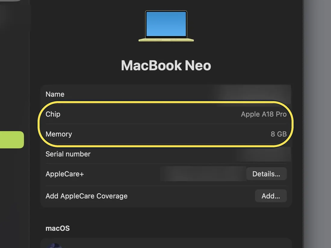 Mac screenshot: Apple A18 Pro, 8 GB