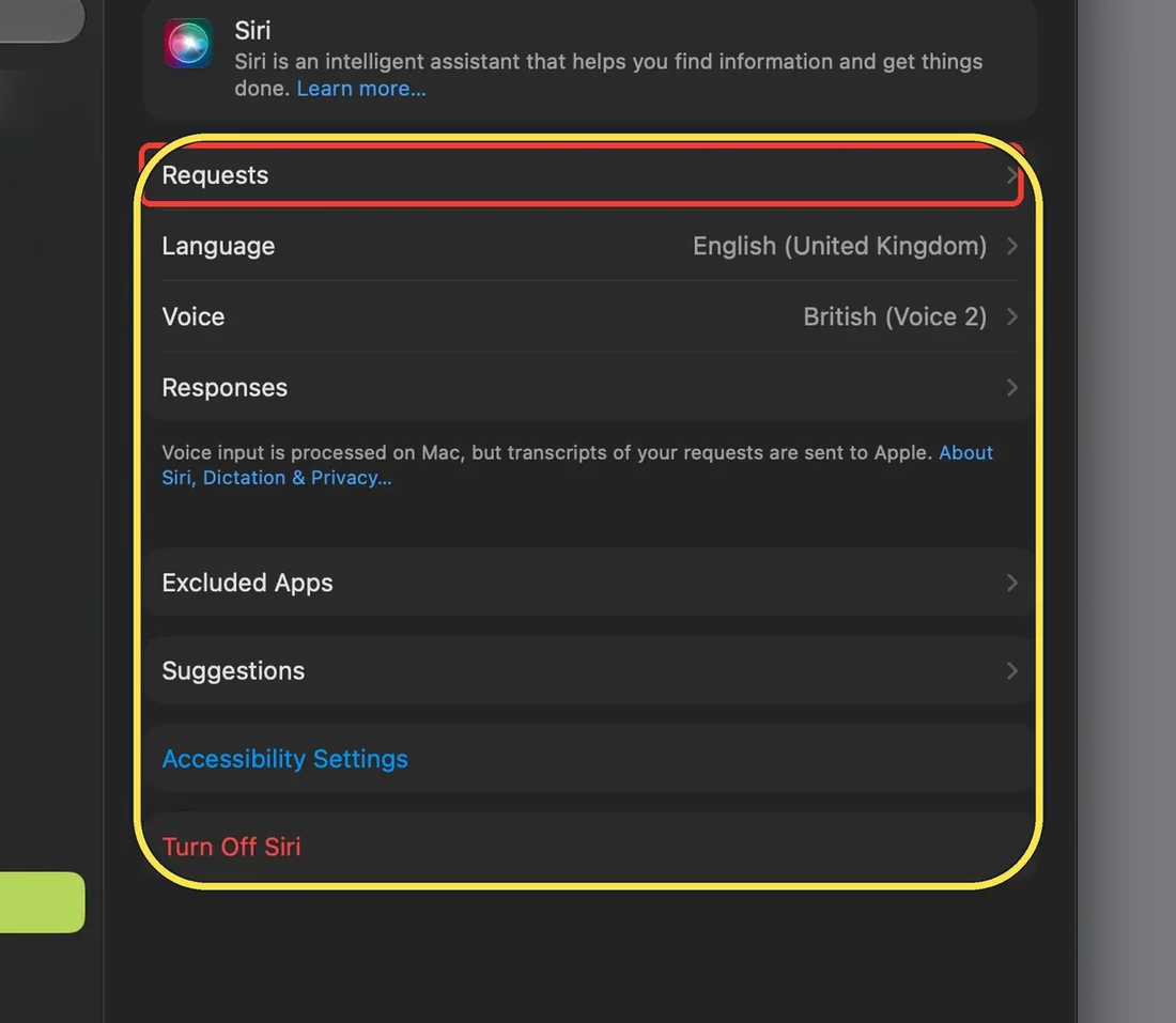 Mac screenshot: Siri on, no Try Siri AI (Beta) row