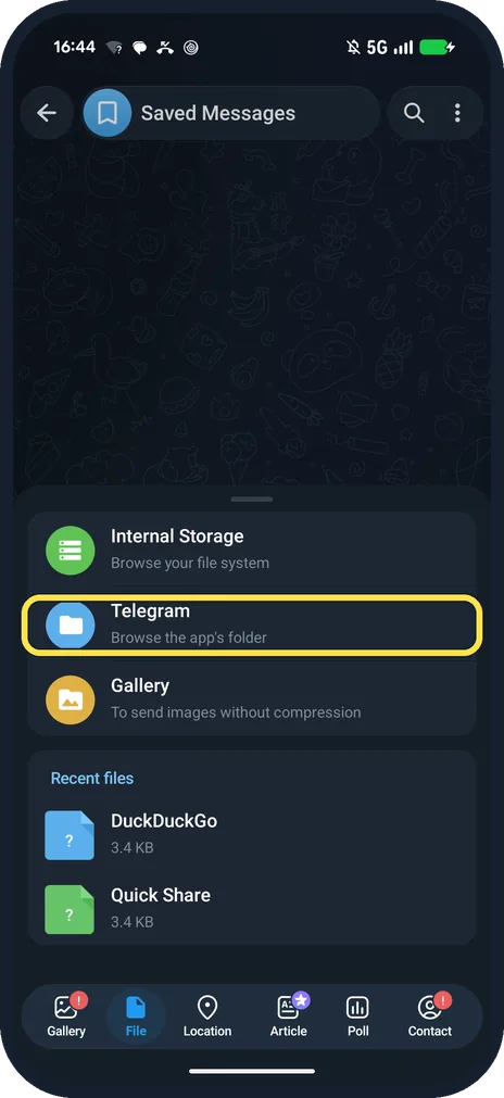 Android screenshot: Telegram Browse the app's folder