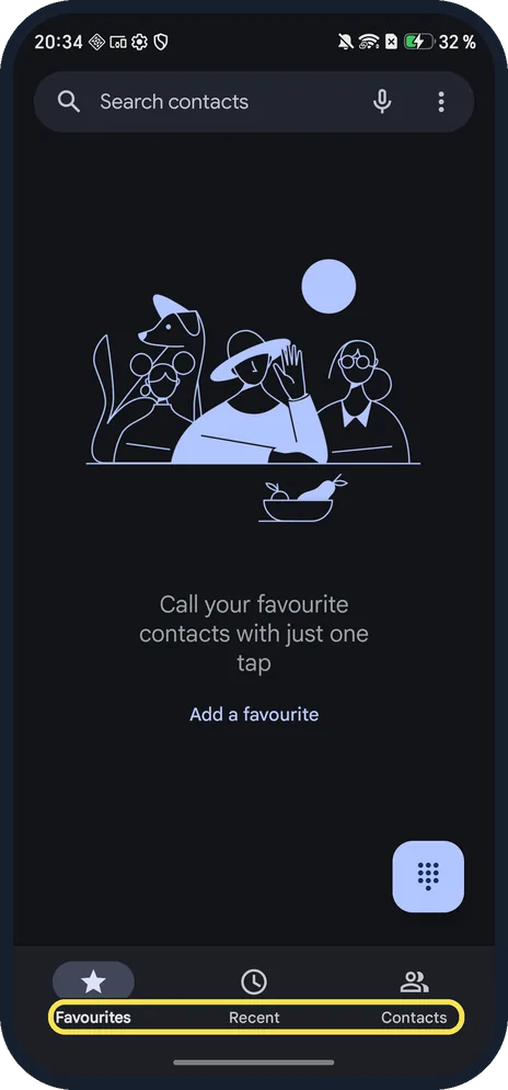 Android screenshot: Favourites, Recent, Contacts