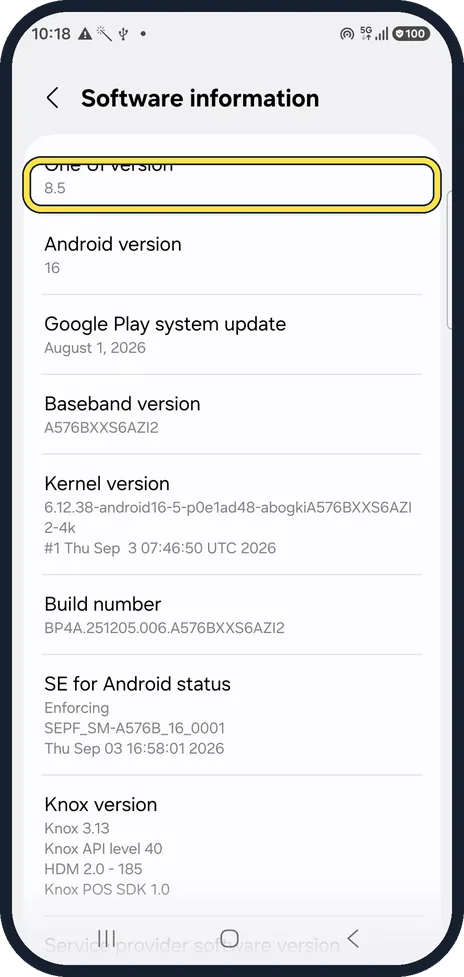 Android screenshot: Check that you have One UI 8.5