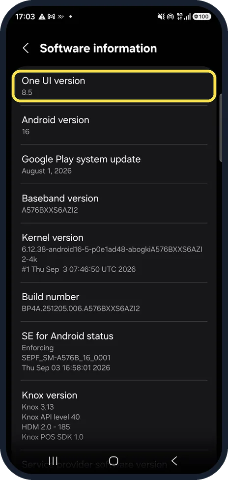 Android screenshot: Check that you have One UI 8.5