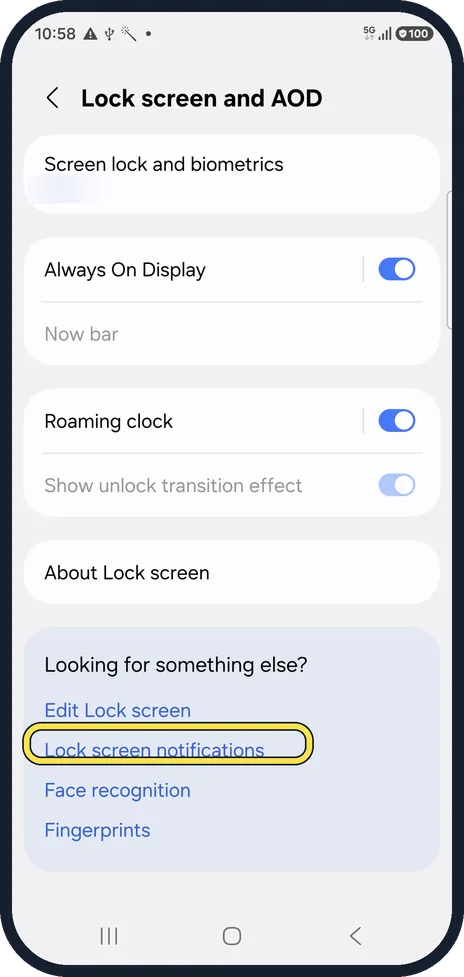 Android screenshot: Lock screen notifications moved