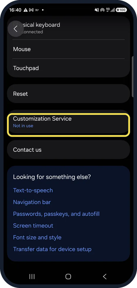 Android screenshot: Customization Service moved to General management