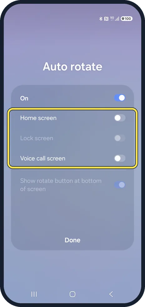 Android screenshot: Auto rotate has a switch per screen