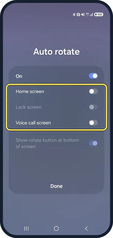 Android screenshot: Auto rotate has a switch per screen