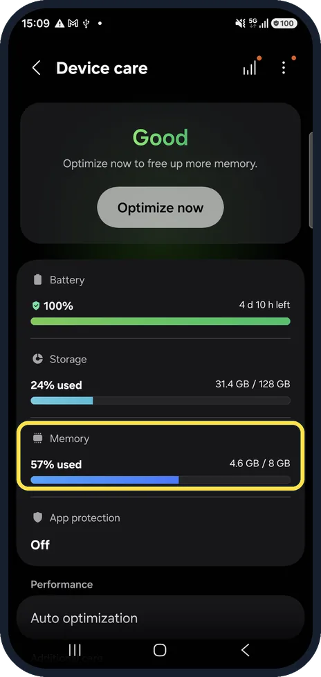 Android screenshot: Open Device care