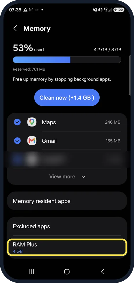 Android screenshot: Tap Memory and find RAM Plus